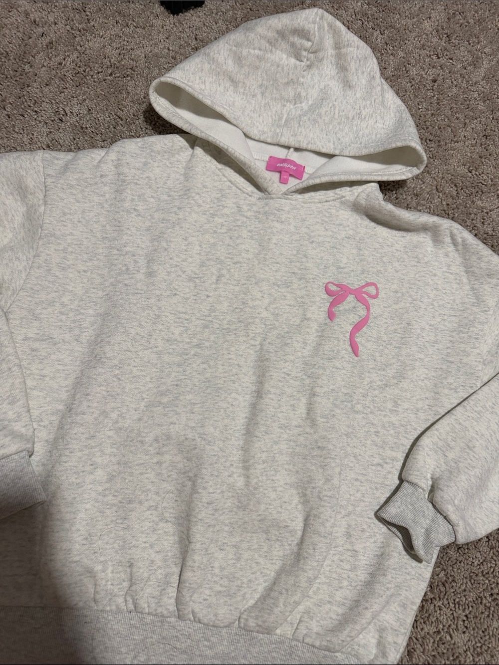 Edikted Juniors' Light Gray Hoodie with Pink Bow Graphic
